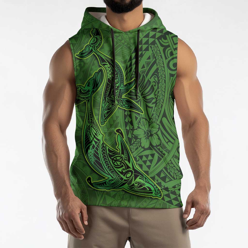 Hawaiian Whales Polynesian Art Motifs Sleeveless Hoodie Green Color LT03 - Polynesian Pride