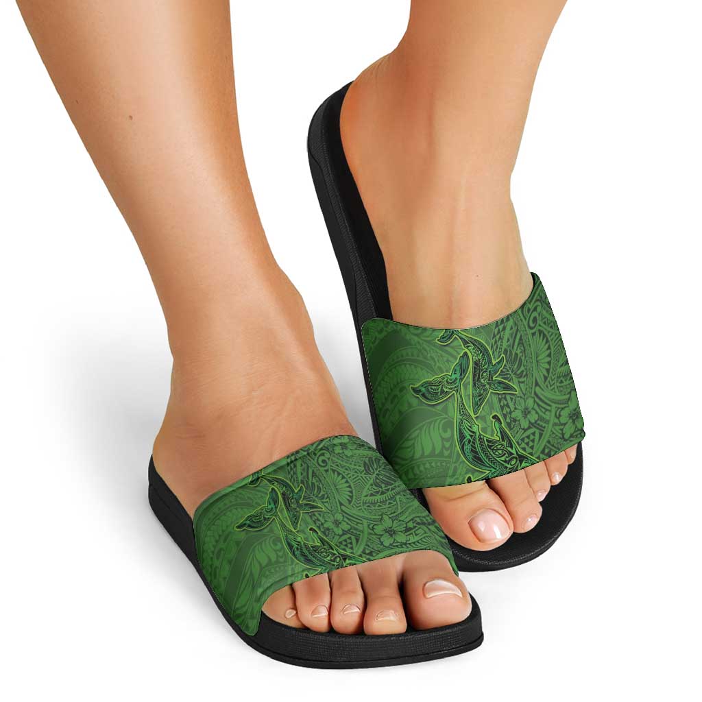 Hawaiian Whales Polynesian Art Motifs Slide Sandals Green Color - Polynesian Pride