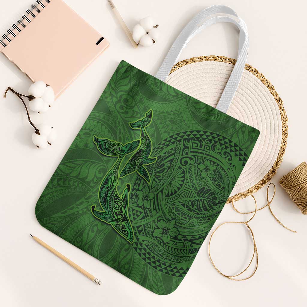 Hawaiian Whales Polynesian Art Motifs Tote Bag Green Color - Polynesian Pride