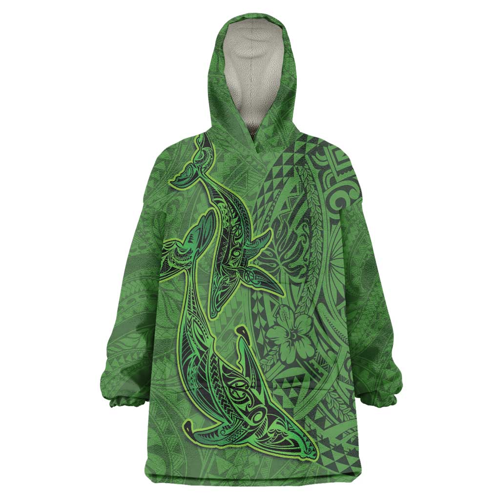 Hawaiian Whales Polynesian Art Motifs Wearable Blanket Hoodie Green Color LT03 One Size Green - Polynesian Pride