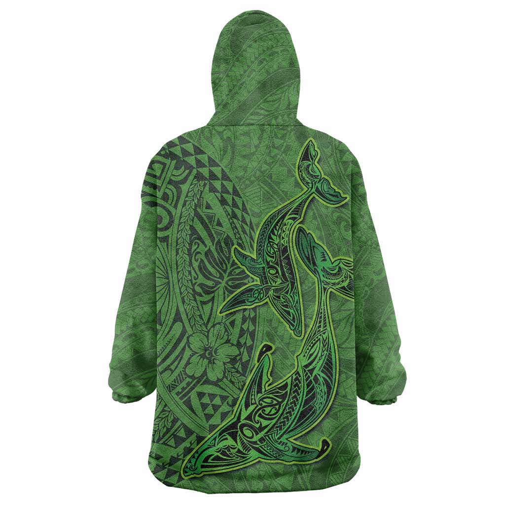 Hawaiian Whales Polynesian Art Motifs Wearable Blanket Hoodie Green Color LT03 - Polynesian Pride