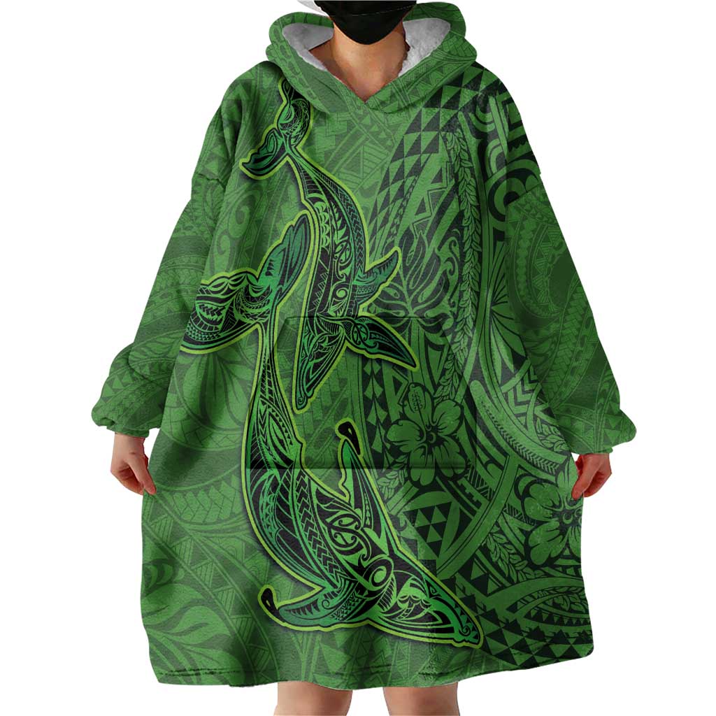 Hawaiian Whales Polynesian Art Motifs Wearable Blanket Hoodie Green Color LT03 - Polynesian Pride