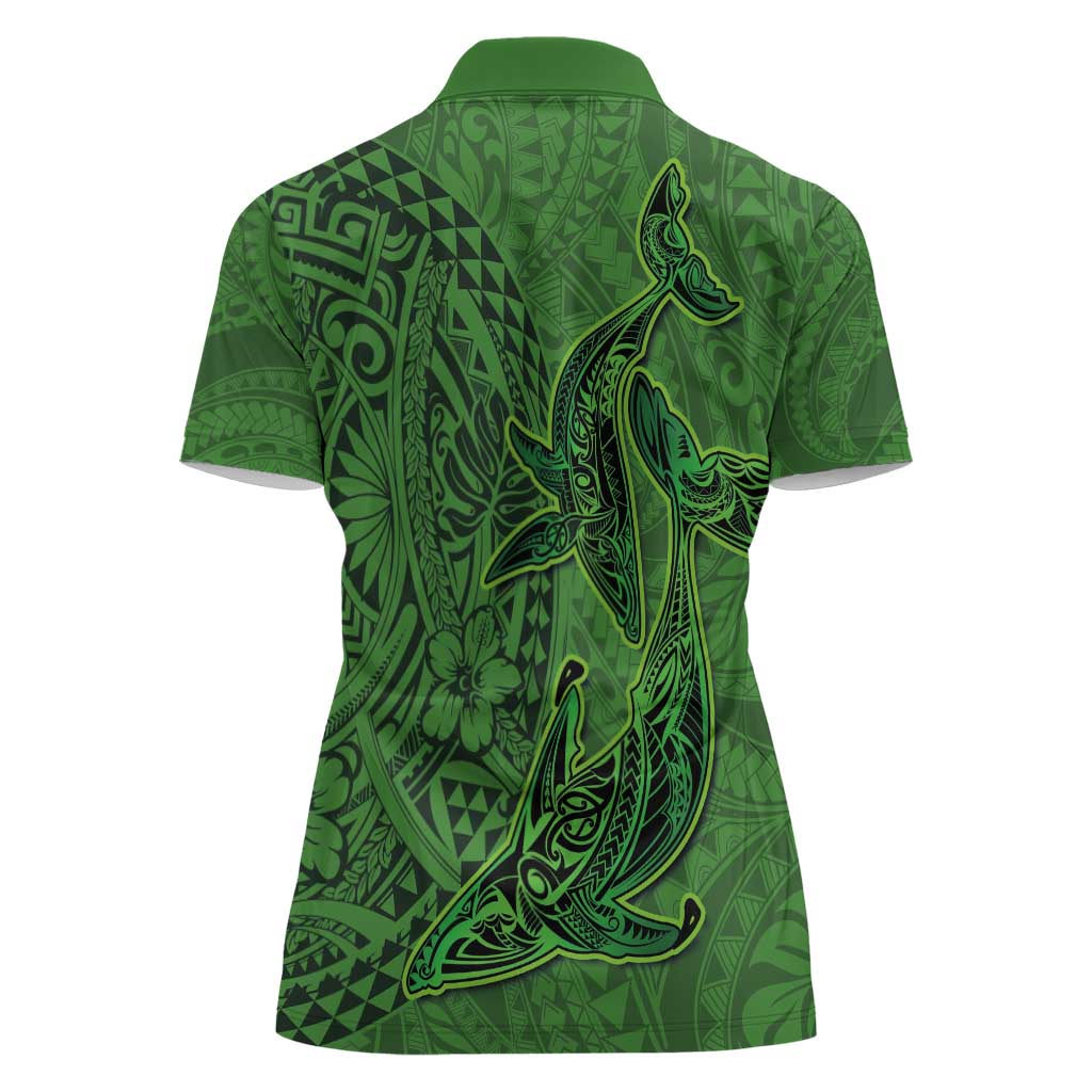 Hawaiian Whales Polynesian Art Motifs Women Polo Shirt Green Color - Polynesian Pride