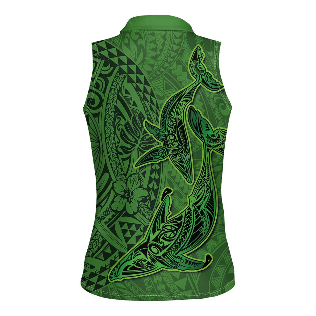 Hawaiian Whales Polynesian Art Motifs Women Sleeveless Polo Shirt Green Color LT03 - Polynesian Pride