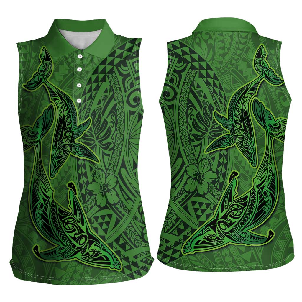 Hawaiian Whales Polynesian Art Motifs Women Sleeveless Polo Shirt Green Color LT03 - Polynesian Pride
