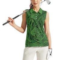 Hawaiian Whales Polynesian Art Motifs Women Sleeveless Polo Shirt Green Color LT03 - Polynesian Pride