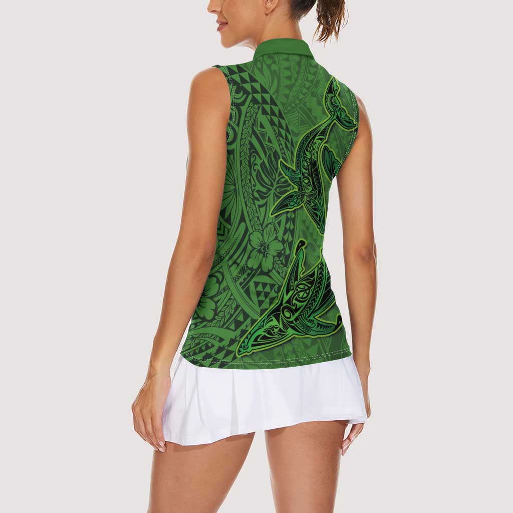 Hawaiian Whales Polynesian Art Motifs Women Sleeveless Polo Shirt Green Color LT03 - Polynesian Pride