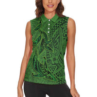 Hawaiian Whales Polynesian Art Motifs Women Sleeveless Polo Shirt Green Color LT03 - Polynesian Pride