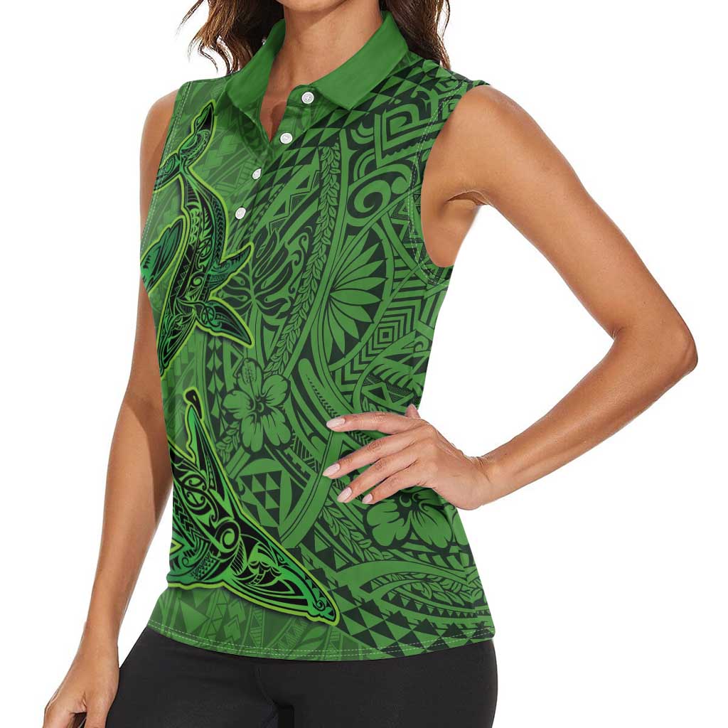 Hawaiian Whales Polynesian Art Motifs Women Sleeveless Polo Shirt Green Color LT03 - Polynesian Pride