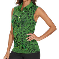 Hawaiian Whales Polynesian Art Motifs Women Sleeveless Polo Shirt Green Color LT03 - Polynesian Pride