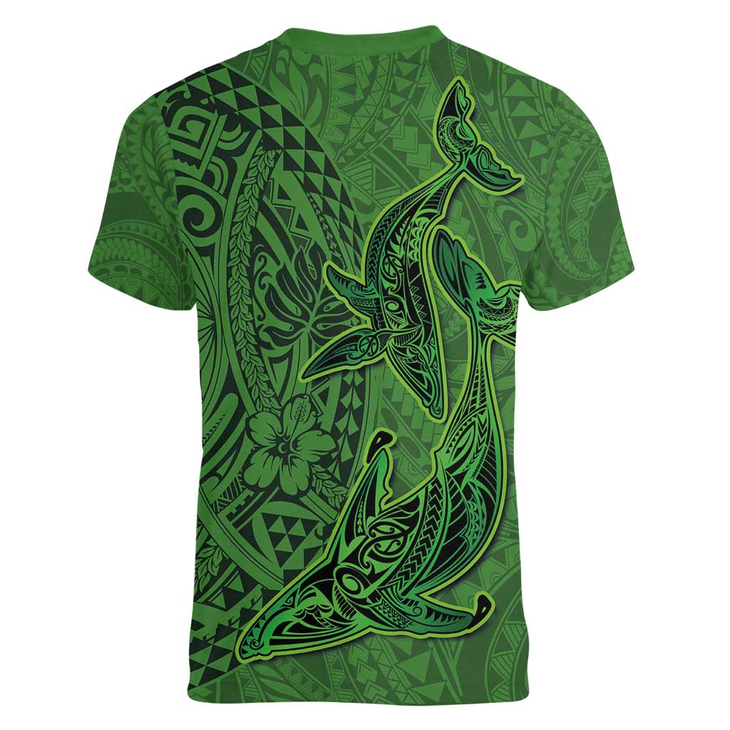 Hawaiian Whales Polynesian Art Motifs Women V-Neck T-Shirt Green Color LT03 - Polynesian Pride