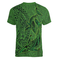 Hawaiian Whales Polynesian Art Motifs Women V-Neck T-Shirt Green Color LT03 - Polynesian Pride