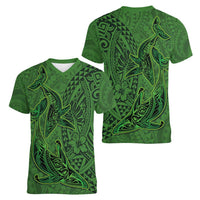Hawaiian Whales Polynesian Art Motifs Women V-Neck T-Shirt Green Color LT03 - Polynesian Pride