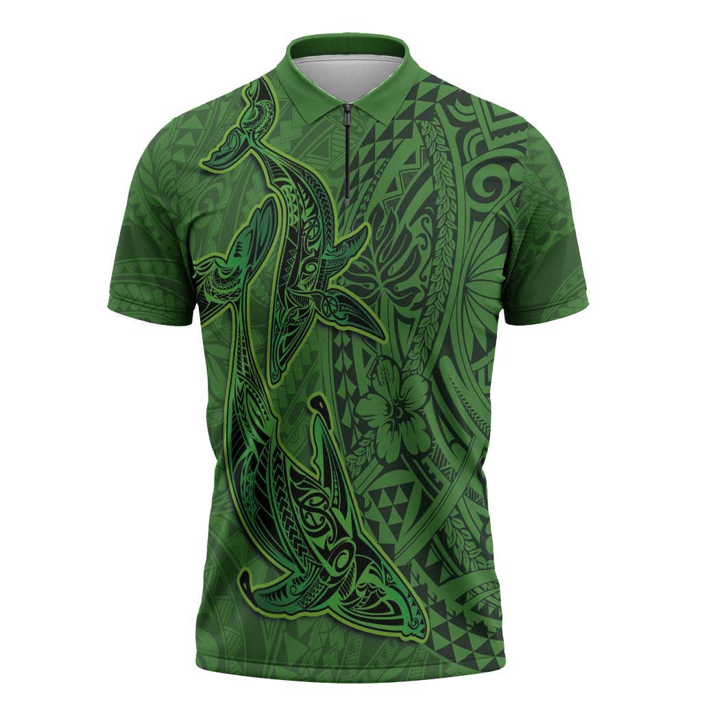 Hawaiian Whales Polynesian Art Motifs Zipper Polo Shirt Green Color LT03 Green - Polynesian Pride