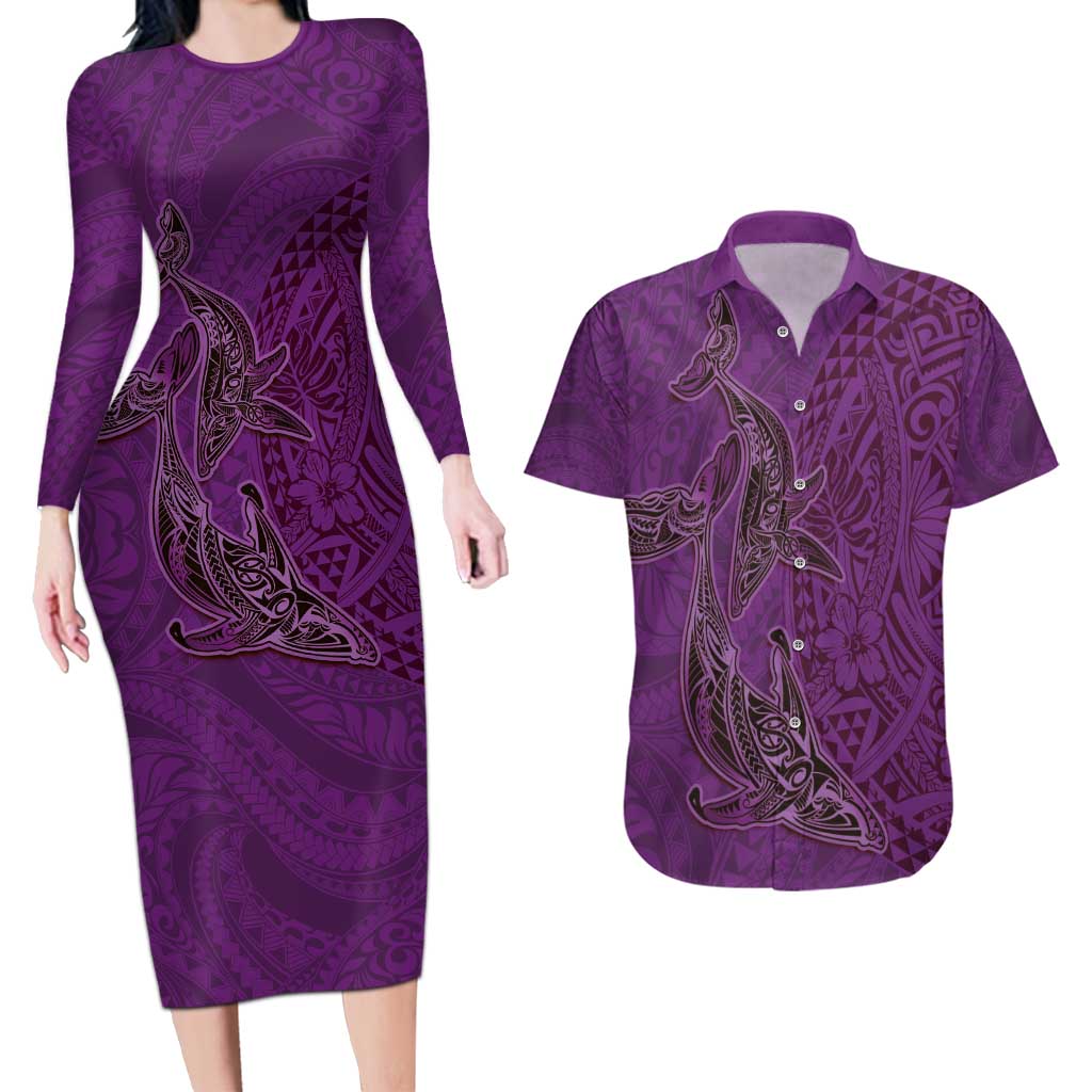 Hawaiian Whales Polynesian Art Motifs Couples Matching Long Sleeve Bodycon Dress and Hawaiian Shirt Purple Color LT03 Purple - Polynesian Pride