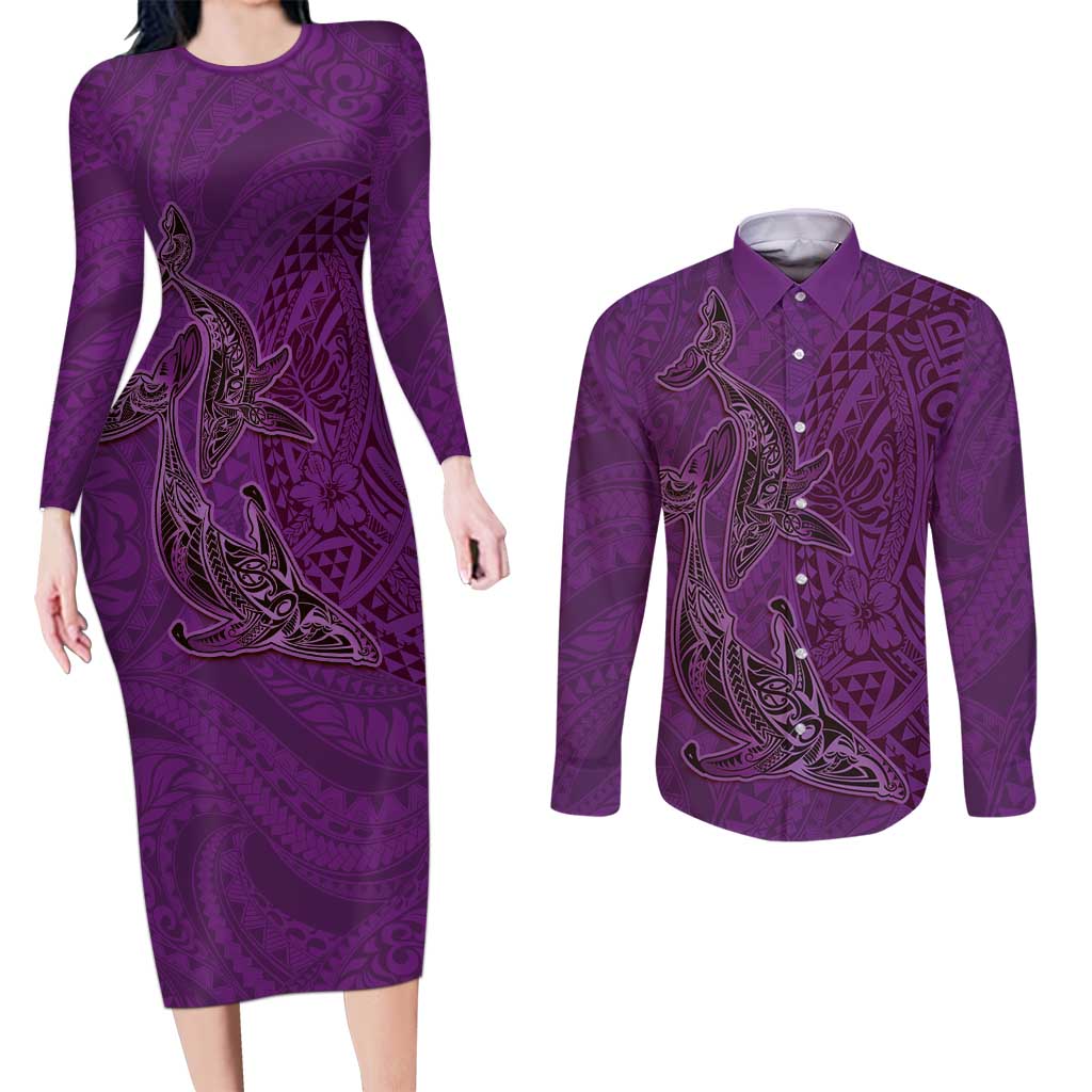 Hawaiian Whales Polynesian Art Motifs Couples Matching Long Sleeve Bodycon Dress and Long Sleeve Button Shirt Purple Color LT03 Purple - Polynesian Pride