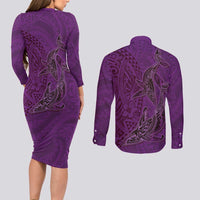 Hawaiian Whales Polynesian Art Motifs Couples Matching Long Sleeve Bodycon Dress and Long Sleeve Button Shirt Purple Color LT03 - Polynesian Pride