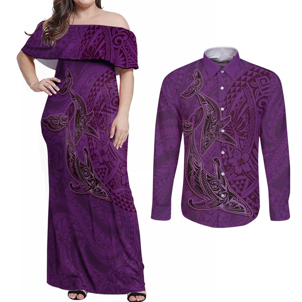 Hawaiian Whales Polynesian Art Motifs Couples Matching Off Shoulder Maxi Dress and Long Sleeve Button Shirt Purple Color LT03 Purple - Polynesian Pride