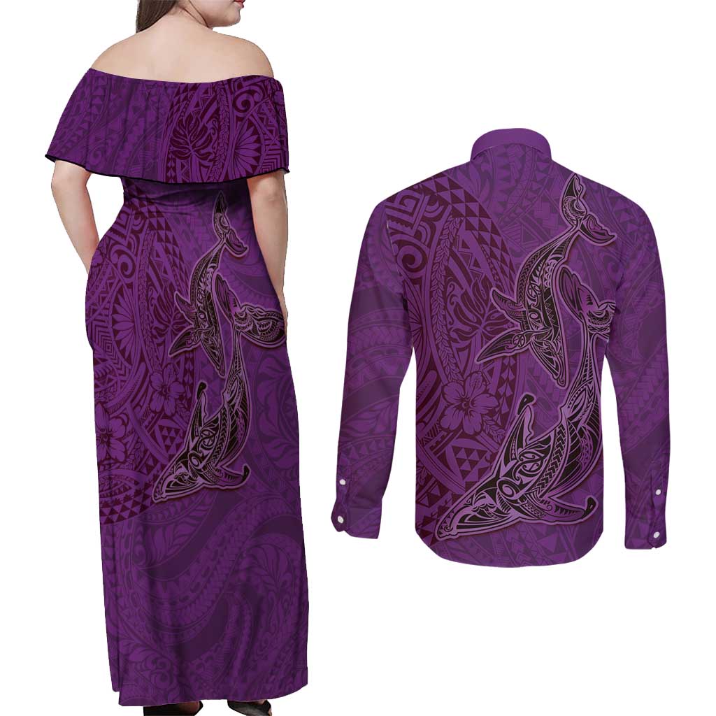 Hawaiian Whales Polynesian Art Motifs Couples Matching Off Shoulder Maxi Dress and Long Sleeve Button Shirt Purple Color LT03 - Polynesian Pride