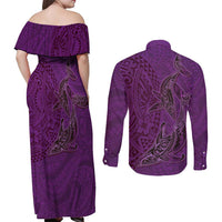 Hawaiian Whales Polynesian Art Motifs Couples Matching Off Shoulder Maxi Dress and Long Sleeve Button Shirt Purple Color LT03 - Polynesian Pride
