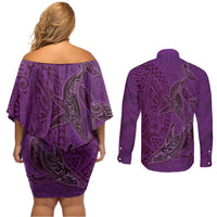 Hawaiian Whales Polynesian Art Motifs Couples Matching Off Shoulder Short Dress and Long Sleeve Button Shirt Purple Color LT03 - Polynesian Pride