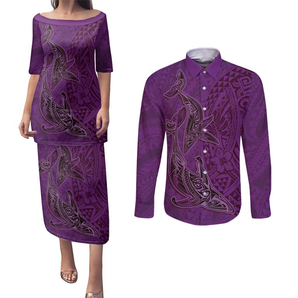 Hawaiian Whales Polynesian Art Motifs Couples Matching Puletasi and Long Sleeve Button Shirt Purple Color LT03 Purple - Polynesian Pride