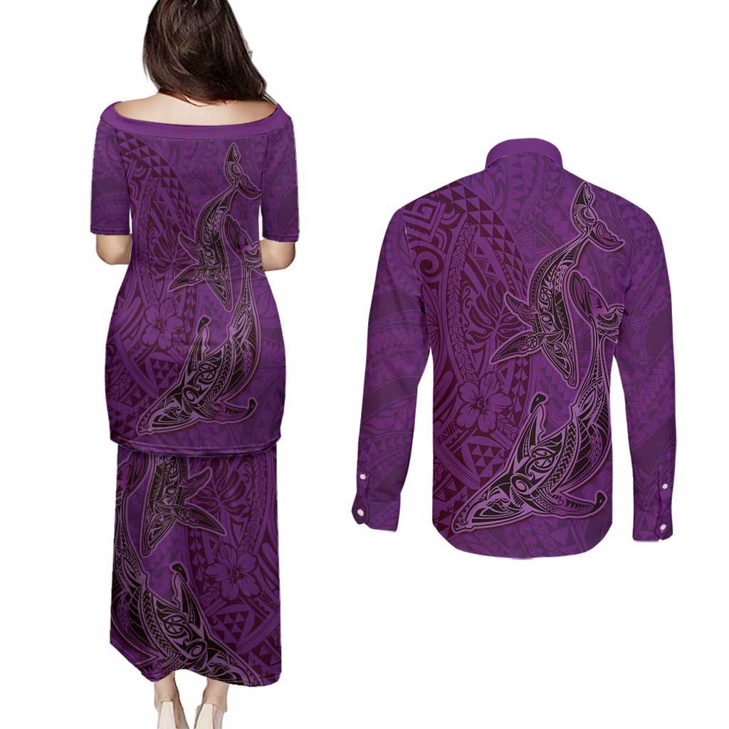 Hawaiian Whales Polynesian Art Motifs Couples Matching Puletasi and Long Sleeve Button Shirt Purple Color LT03 - Polynesian Pride