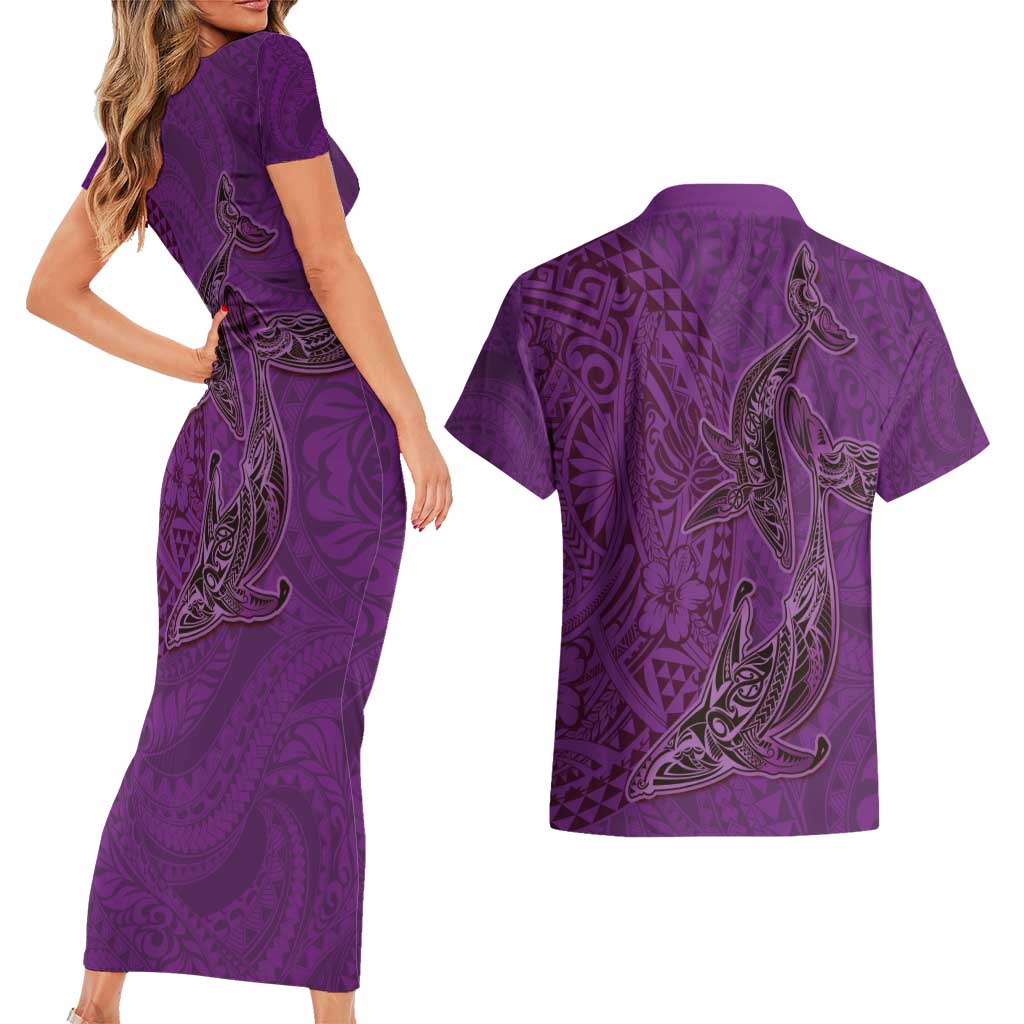 Hawaiian Whales Polynesian Art Motifs Couples Matching Short Sleeve Bodycon Dress and Hawaiian Shirt Purple Color LT03 - Polynesian Pride