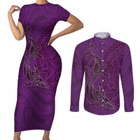 Hawaiian Whales Polynesian Art Motifs Couples Matching Short Sleeve Bodycon Dress and Long Sleeve Button Shirt Purple Color LT03 Purple - Polynesian Pride