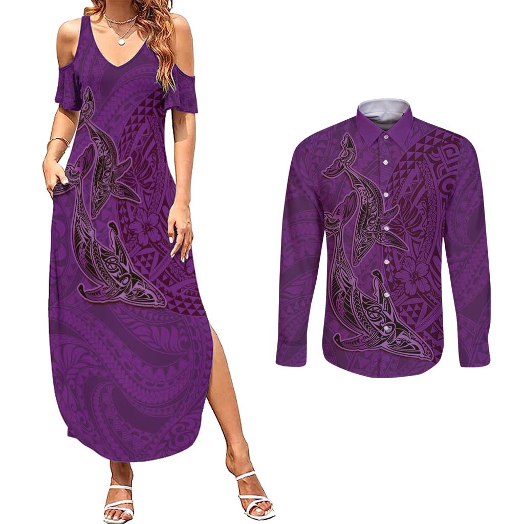 Hawaiian Whales Polynesian Art Motifs Couples Matching Summer Maxi Dress and Long Sleeve Button Shirt Purple Color LT03 Purple - Polynesian Pride