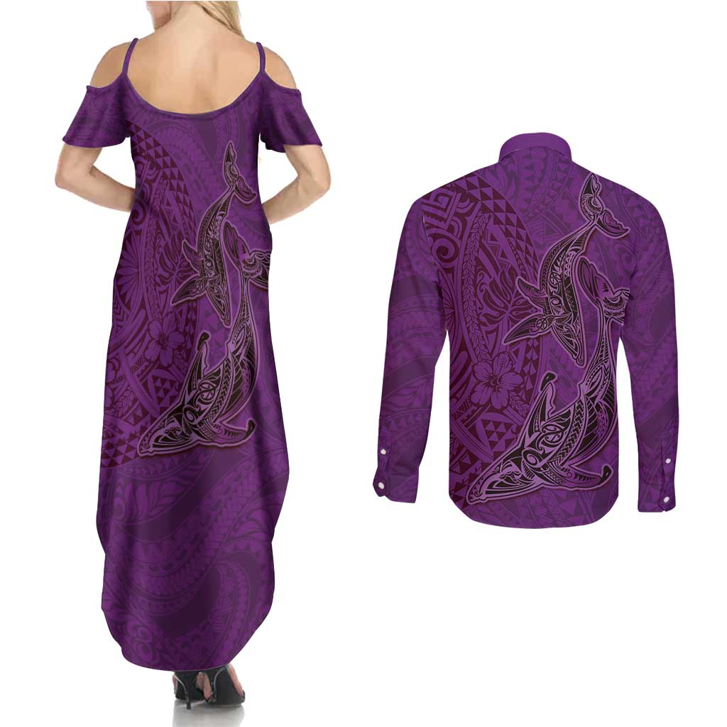 Hawaiian Whales Polynesian Art Motifs Couples Matching Summer Maxi Dress and Long Sleeve Button Shirt Purple Color LT03 - Polynesian Pride