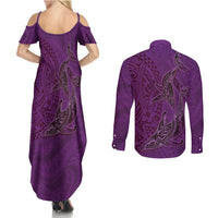 Hawaiian Whales Polynesian Art Motifs Couples Matching Summer Maxi Dress and Long Sleeve Button Shirt Purple Color LT03 - Polynesian Pride