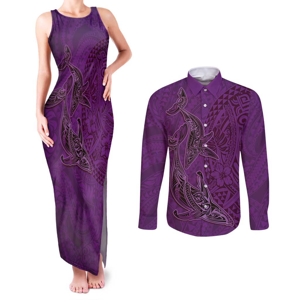 Hawaiian Whales Polynesian Art Motifs Couples Matching Tank Maxi Dress and Long Sleeve Button Shirt Purple Color LT03 Purple - Polynesian Pride