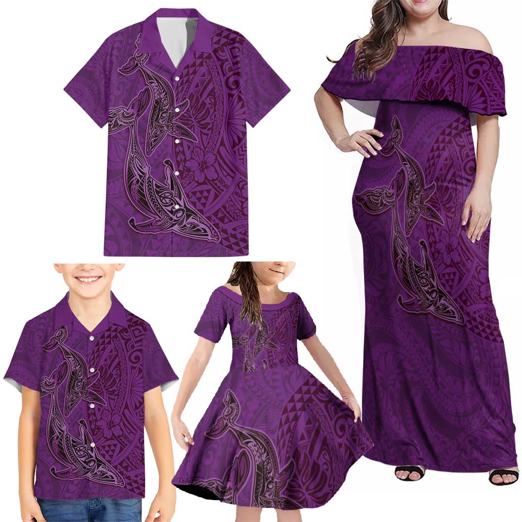 Hawaiian Whales Polynesian Art Motifs Family Matching Off Shoulder Maxi Dress and Hawaiian Shirt Purple Color LT03 - Polynesian Pride