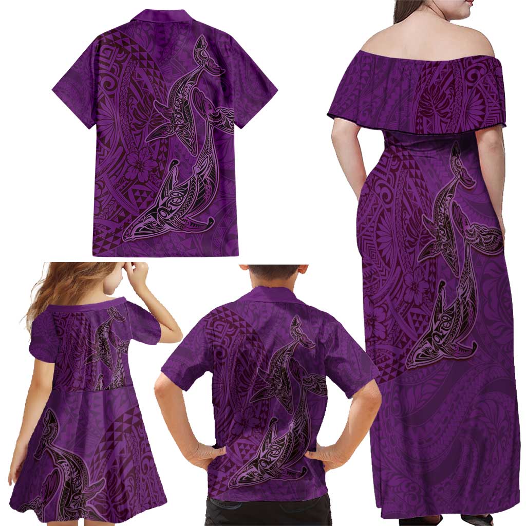 Hawaiian Whales Polynesian Art Motifs Family Matching Off Shoulder Maxi Dress and Hawaiian Shirt Purple Color LT03 - Polynesian Pride