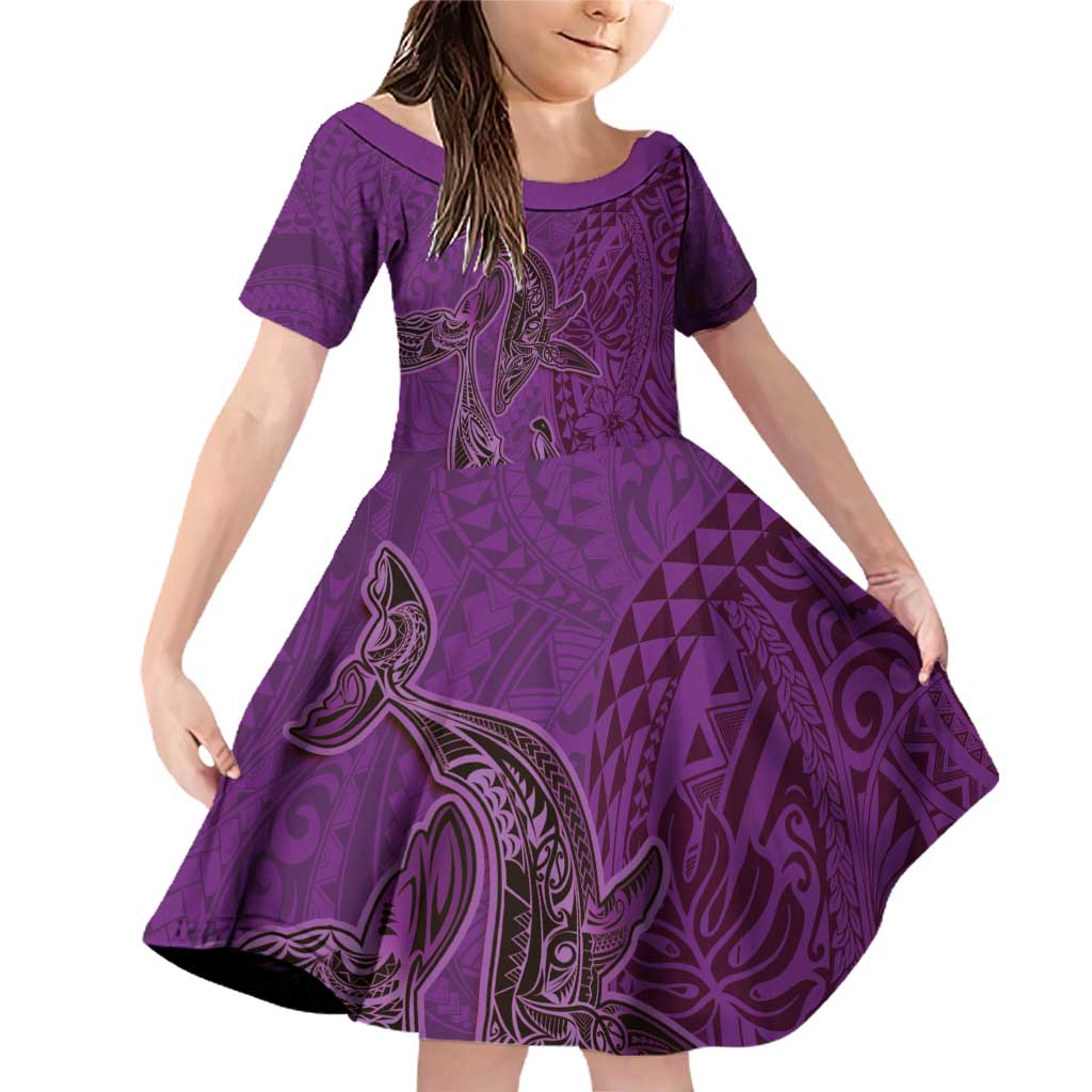 Hawaiian Whales Polynesian Art Motifs Family Matching Off Shoulder Short Dress and Hawaiian Shirt Purple Color LT03 Daughter's Dress Purple - Polynesian Pride