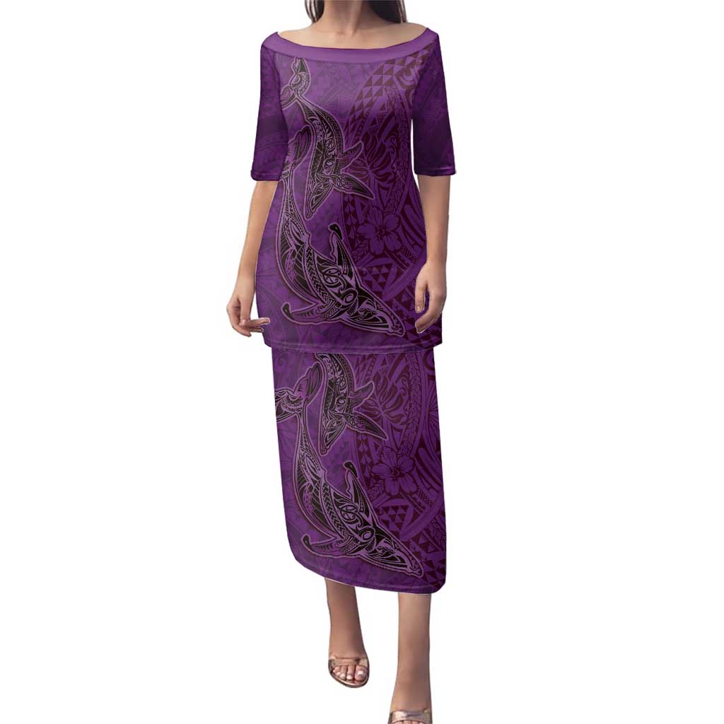 Hawaiian Whales Polynesian Art Motifs Family Matching Puletasi and Hawaiian Shirt Purple Color LT03 Mom's Dress Purple - Polynesian Pride