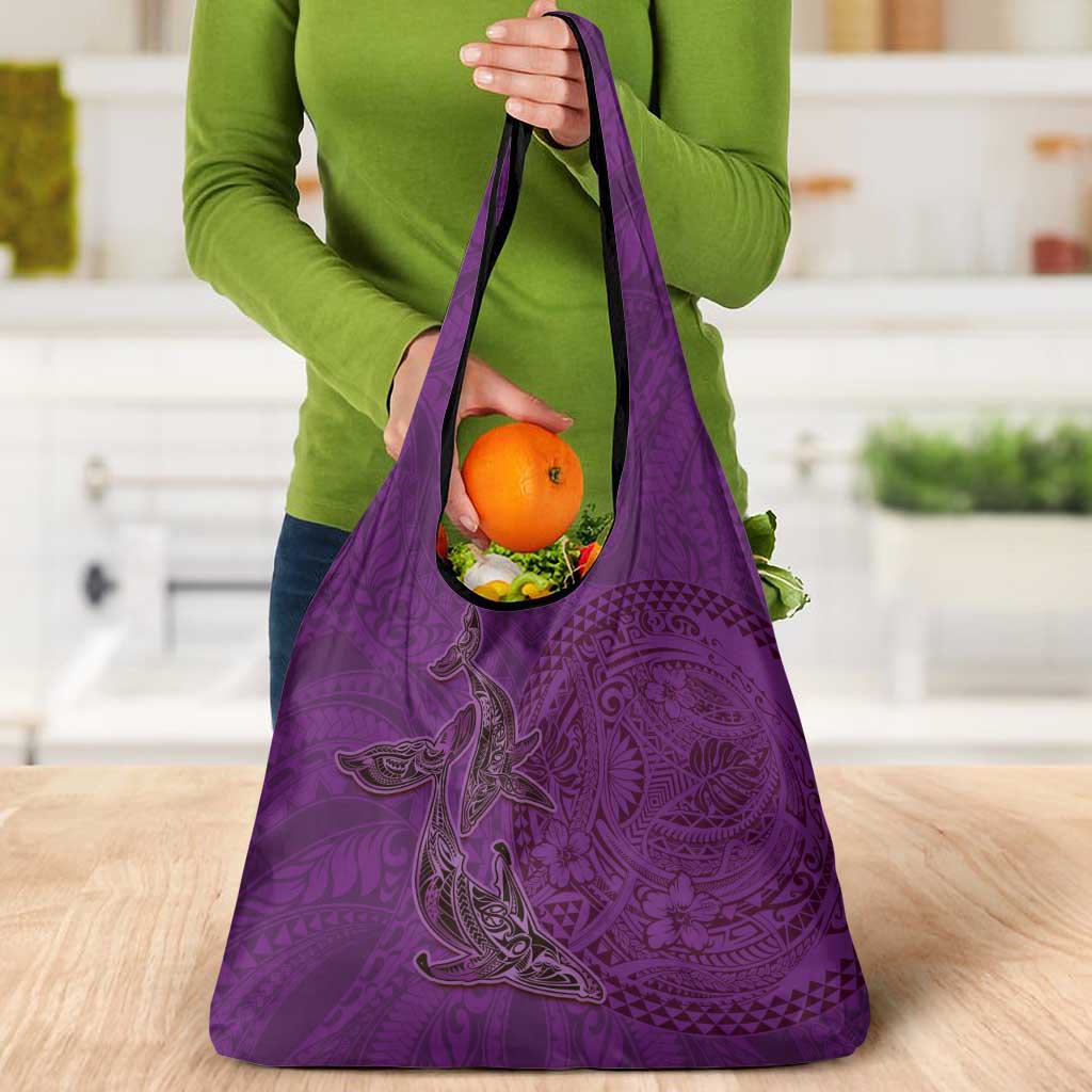 Hawaiian Whales Polynesian Art Motifs Grocery Bag Purple Color - Polynesian Pride