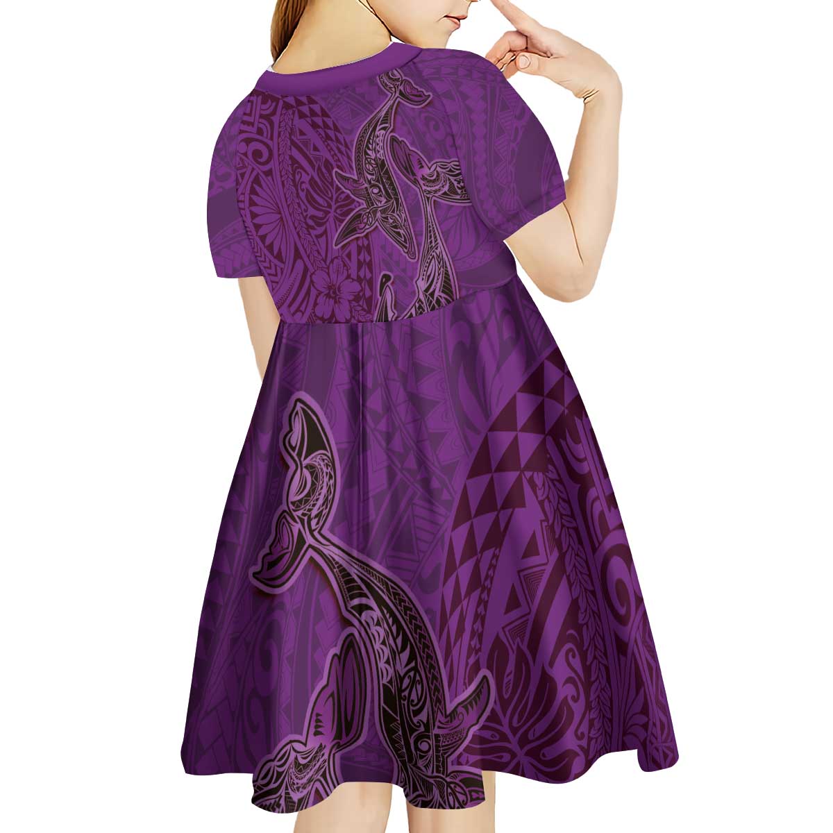 Hawaiian Whales Polynesian Art Motifs Kid Short Sleeve Dress Purple Color LT03 - Polynesian Pride