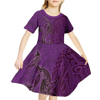 Hawaiian Whales Polynesian Art Motifs Kid Short Sleeve Dress Purple Color LT03 - Polynesian Pride
