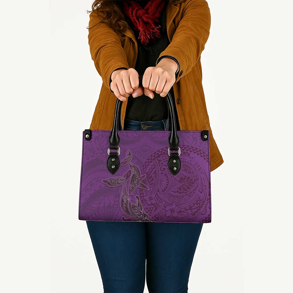 Hawaiian Whales Polynesian Art Motifs Leather Bag Purple Color - Polynesian Pride