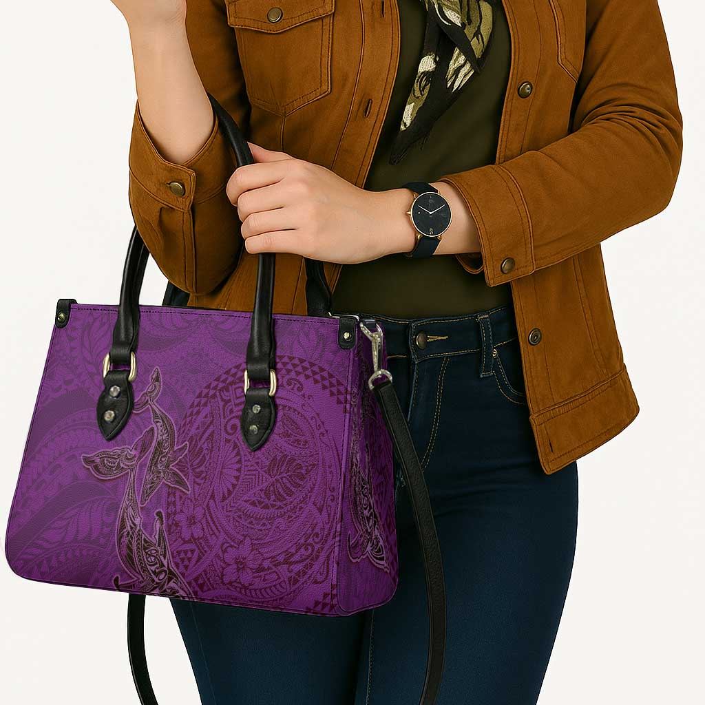 Hawaiian Whales Polynesian Art Motifs Leather Bag Purple Color - Polynesian Pride