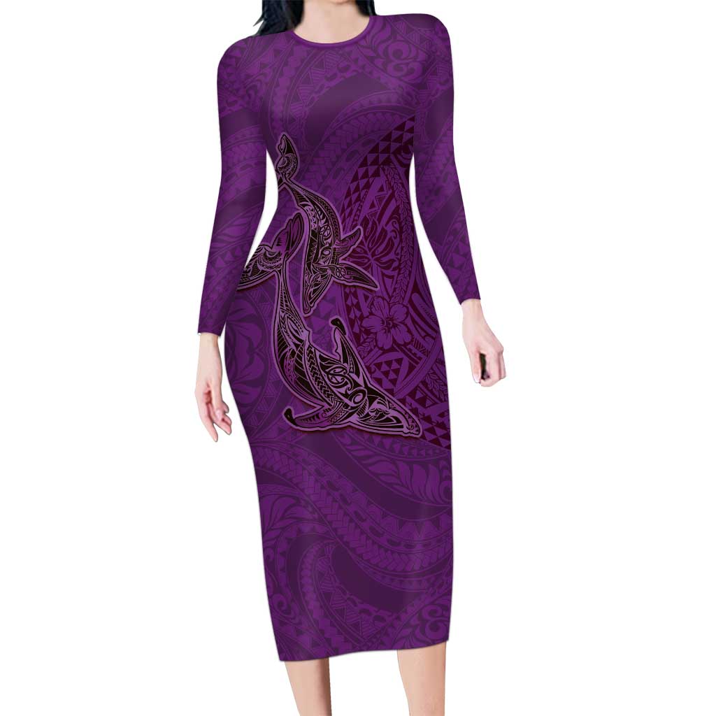 Hawaiian Whales Polynesian Art Motifs Long Sleeve Bodycon Dress Purple Color LT03 Long Dress Purple - Polynesian Pride