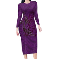Hawaiian Whales Polynesian Art Motifs Long Sleeve Bodycon Dress Purple Color LT03 Long Dress Purple - Polynesian Pride