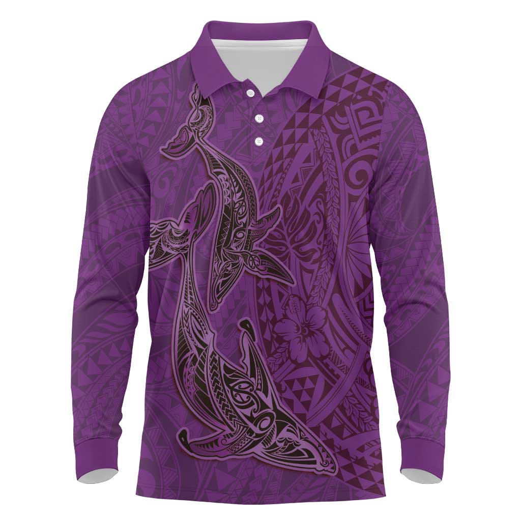 Hawaiian Whales Polynesian Art Motifs Long Sleeve Polo Shirt Purple Color LT03 Purple - Polynesian Pride
