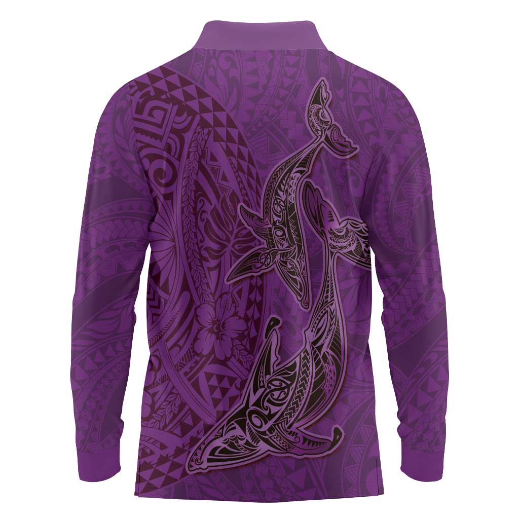 Hawaiian Whales Polynesian Art Motifs Long Sleeve Polo Shirt Purple Color LT03 - Polynesian Pride