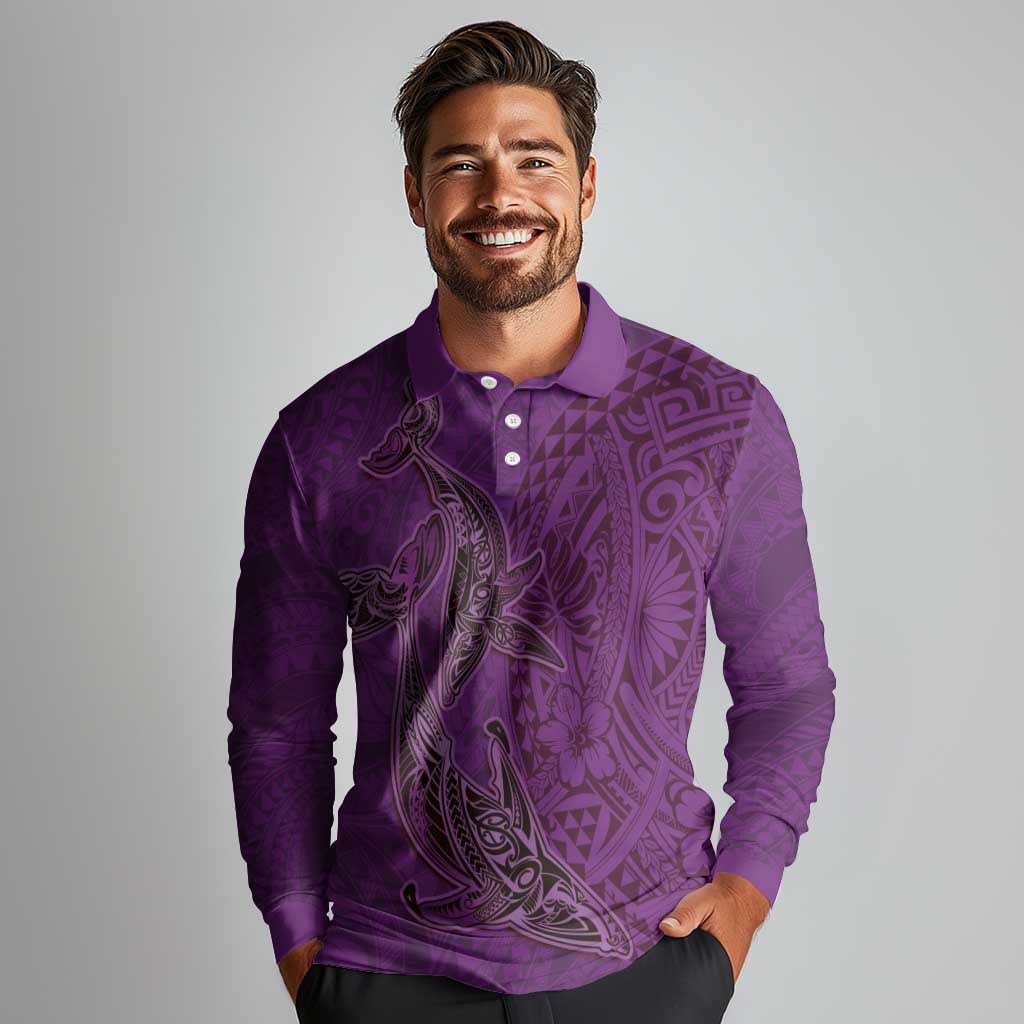 Hawaiian Whales Polynesian Art Motifs Long Sleeve Polo Shirt Purple Color LT03 - Polynesian Pride