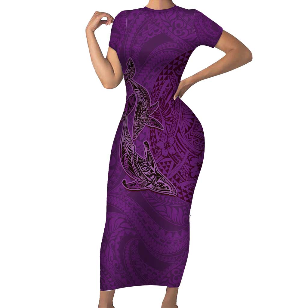 Hawaiian Whales Polynesian Art Motifs Short Sleeve Bodycon Dress Purple Color LT03 Long Dress Purple - Polynesian Pride