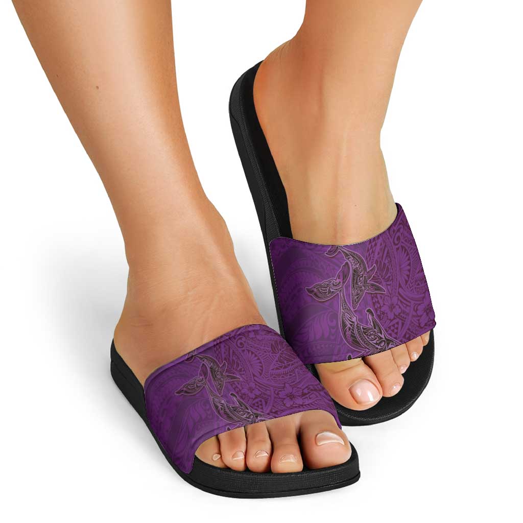 Hawaiian Whales Polynesian Art Motifs Slide Sandals Purple Color - Polynesian Pride