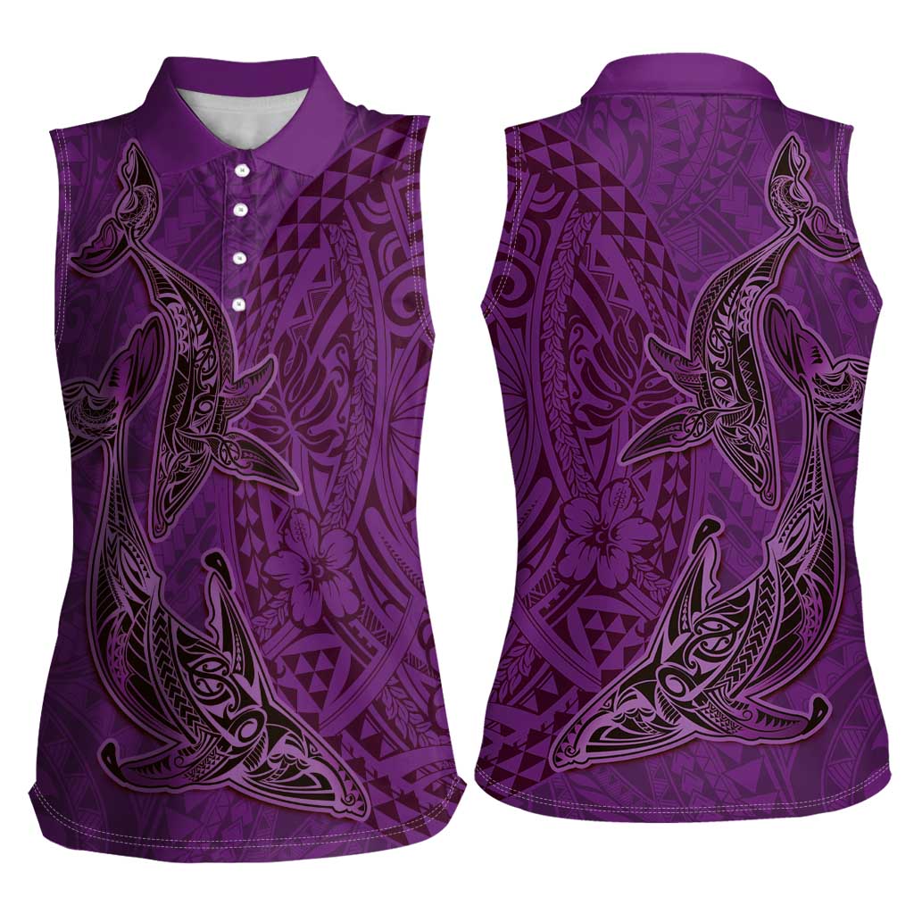 Hawaiian Whales Polynesian Art Motifs Women Sleeveless Polo Shirt Purple Color LT03 - Polynesian Pride